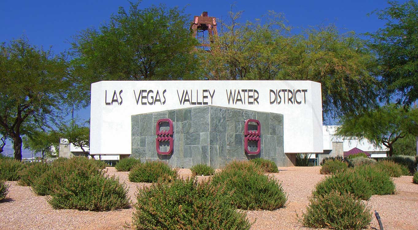 Las Vegas Valley Water District sign in front of trees and main building on Charleston Blvd and Valley View.