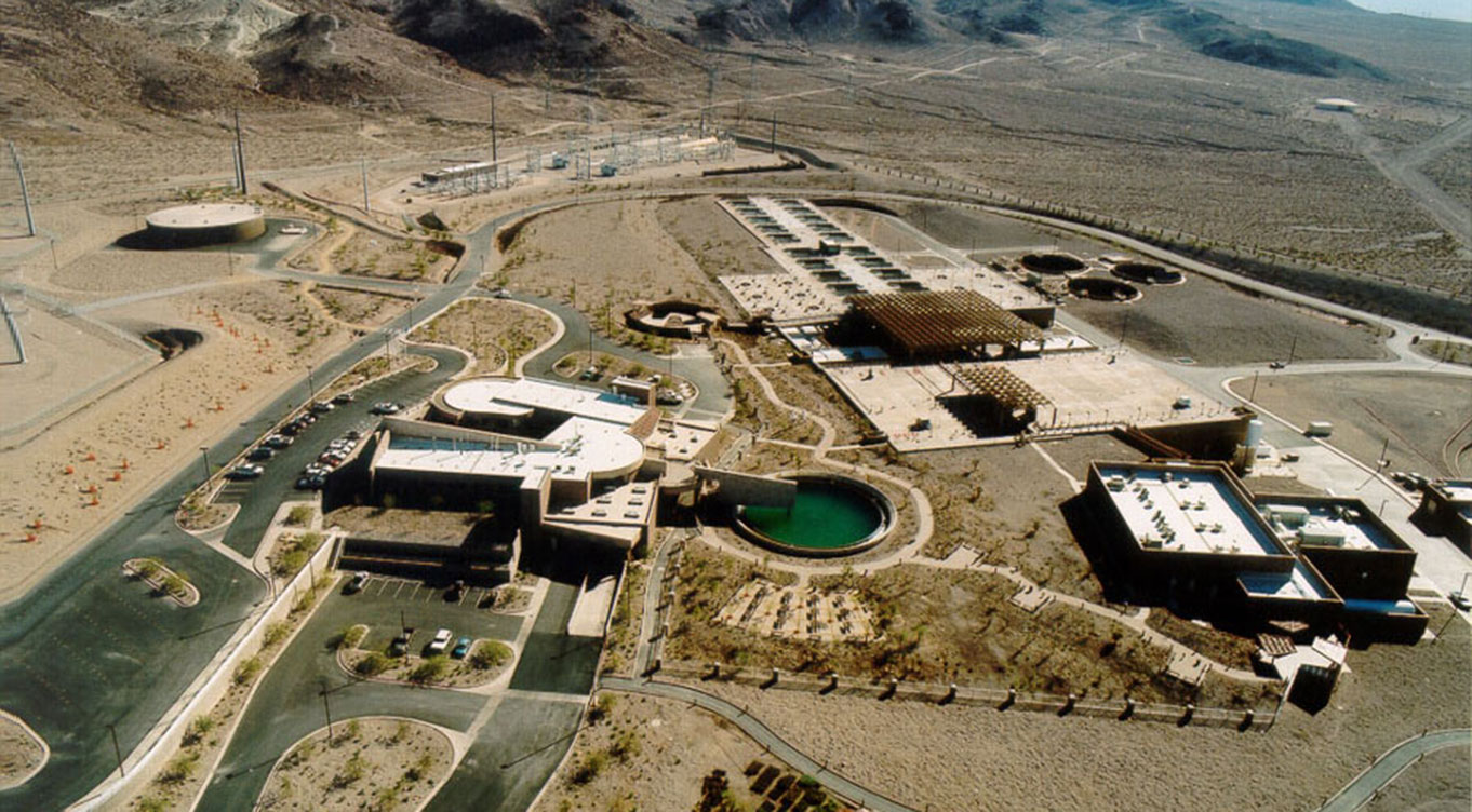 Aerial view of River Mountains Water Treatment Facility construction in 1999.