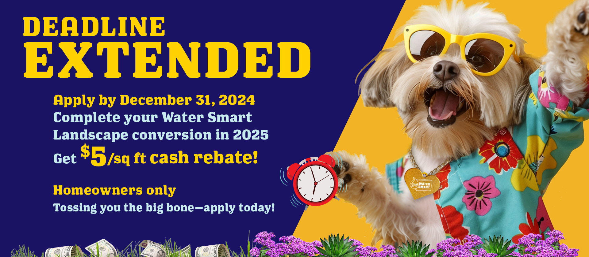 Dog wearing sun glasses and gold chain pitching a 5 dollar per square foot grass rebate.