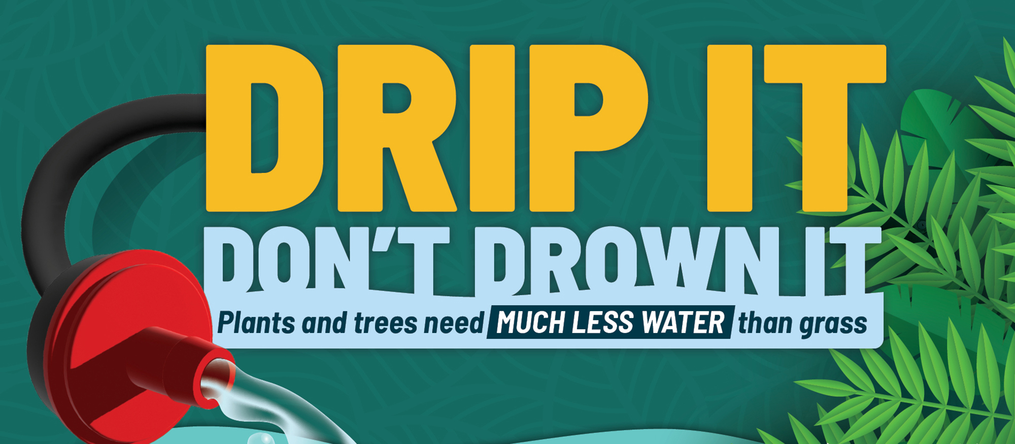 Graphic with drip head illustration says "Drip it don't drown it - plants need far less water than grass"