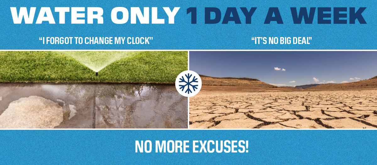 Sidewalk with sprinkler over-spray juxtaposed next to a photo of dry desert ground. The text overlay reads Water Only One Day A Week.
