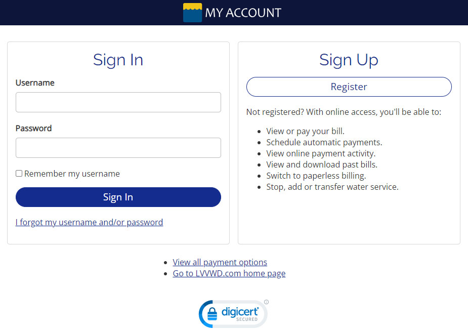 Screenshot of MyAccount bill payment log-in screen.