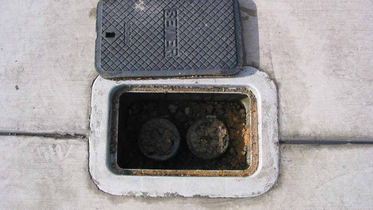 A pool clean-out port located in the sidewalk.