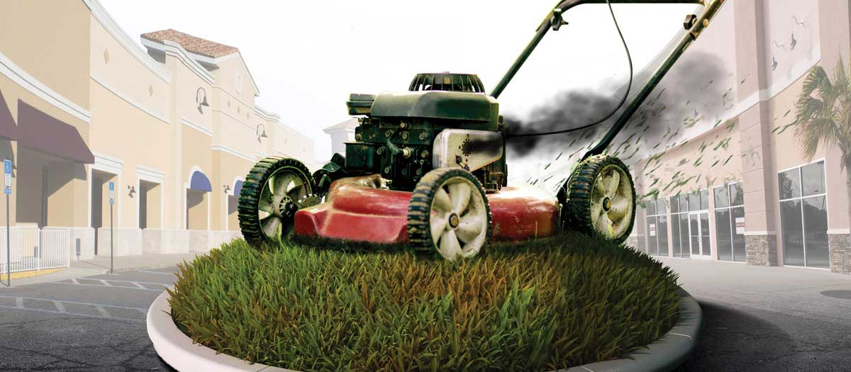 Composite image of a smoking lawn mower cutting grass.