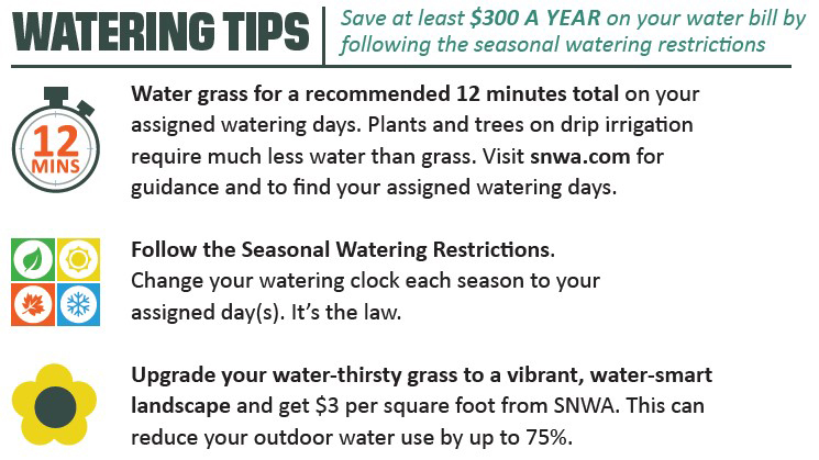 Watering tips: Water grass for 12 minutes each assigned day, follow season watering restrictions, upgrade your grass to a water smart landscape with a rebate from the Southern Nevada Water Authority.