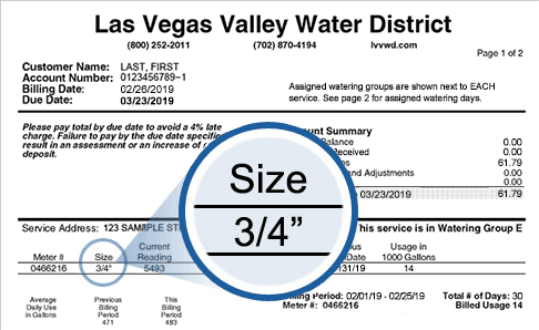 An example of where on your water bill you can find your meter size. three-fourths inch size called out for emphasis