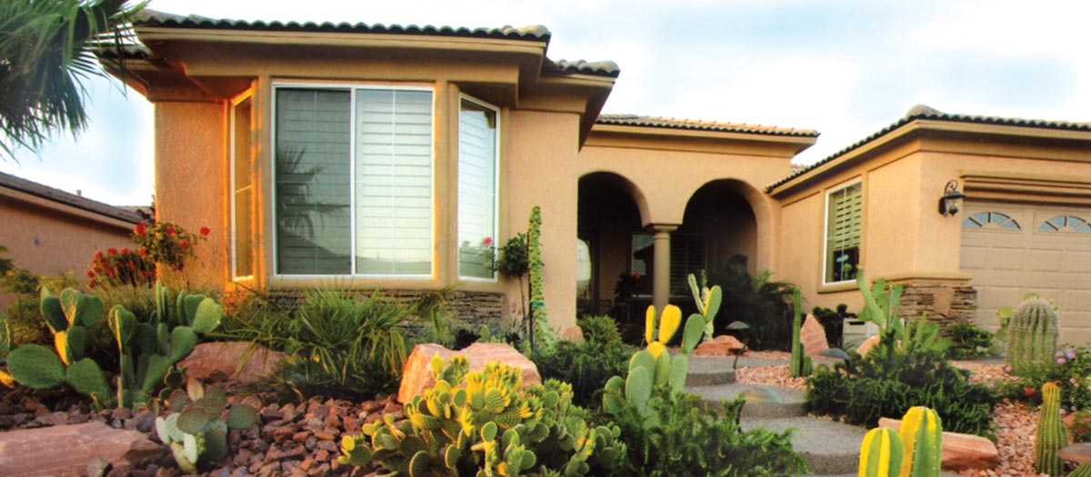 Desert-friendly landscape with cacti.